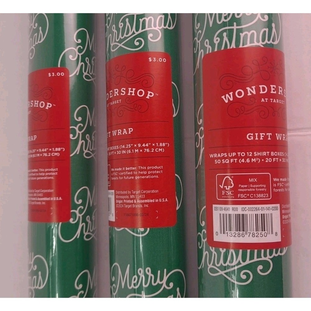 Wondershop Christmas Gift Wrap Green Paper White Lettering Merry Christmas 3pk